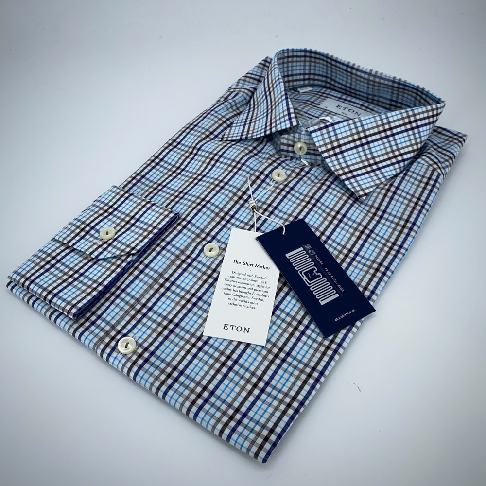 Eton Dress Shirt Mens XL‎ 17 1/2 - 44 Slim Fit Poplin Colorful Check Button Up